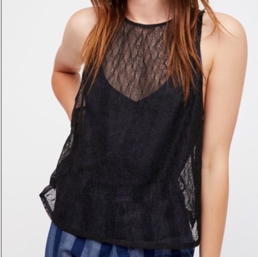 Free People silky navy cami & black lace overlay
